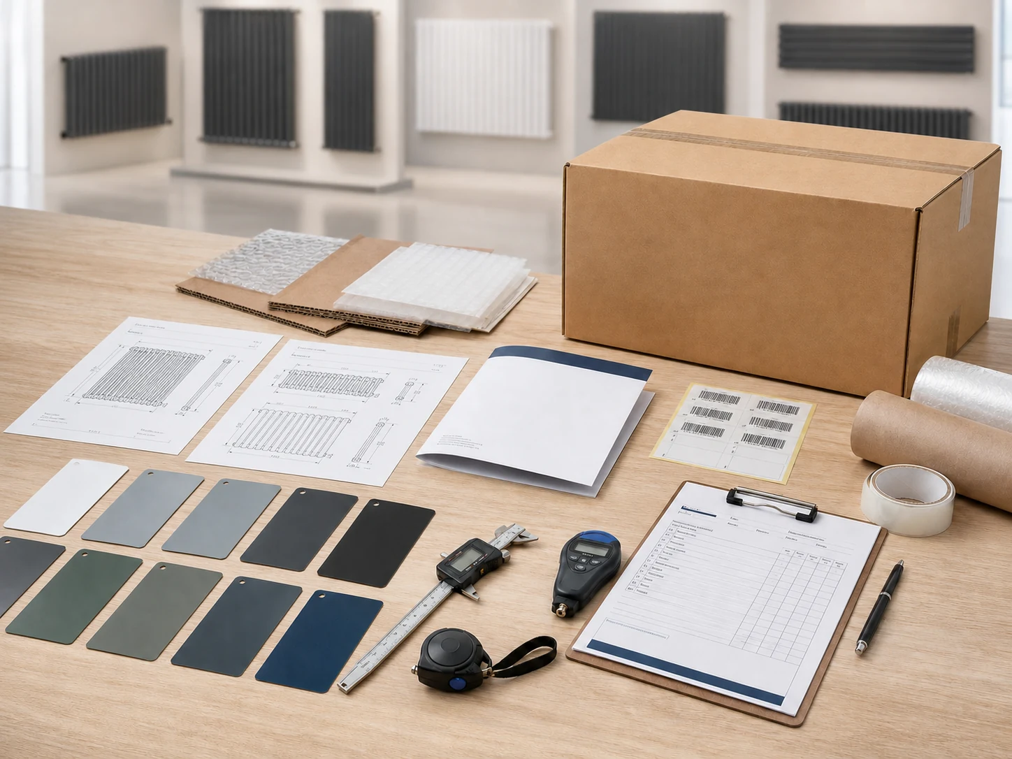 Heating radiator samples, finish swatches, technical drawings and private-label packaging development materials